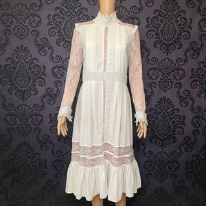 Victoria Twenty Women's White Turtle Neck Prairie Victorian Midi Dress Size 6
